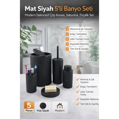 BUĞZ Siyah Çizgili 5 Parça Banyo Seti Çöp Kovası Tuvalet Fırçası Sabunluk Diş Fırçalık