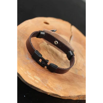BUĞZ Siyah Deniz Çapalı Çelik Aksesuarlı Kahverengi Deri Erkek Bileklik - Lisinya