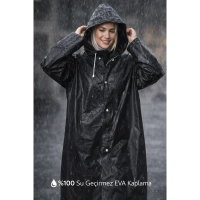 BUĞZ Siyah Eva Pardesü Yağmurluk Su Geçirmez Kapüşonlu Çıtçıtlı Rüzgar Koruyucu