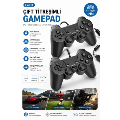 BUĞZ Siyah kablolu çift motorlu titreşimli joystick PC uyumlu USB bağlantılı 1 yıl garantili