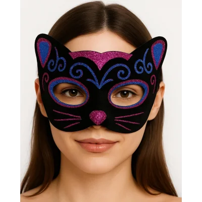  Siyah Kadife Kaplama Üzeri Pembe Mavi Sim İşlemeli Kedi Maskesi 20x13 cm