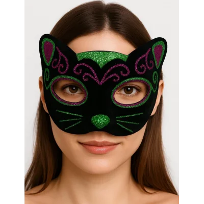  Siyah Kadife Kaplama Üzeri Pembe Yeşil Sim İşlemeli Kedi Maskesi 20x13 cm