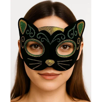 BUĞZ Siyah Kadife Kaplama Üzeri Sarı Yeşil Sim İşlemeli Kedi Maskesi 20x13 cm