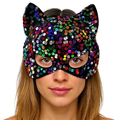 BUĞZ Siyah Kadife Kumaş Üzerine Rengarenk Payetli Pullu Parti Maskesi 16x14 cm