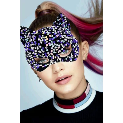 BUĞZ Siyah Kadife Mor Beyaz Pullu Parti Maskesi