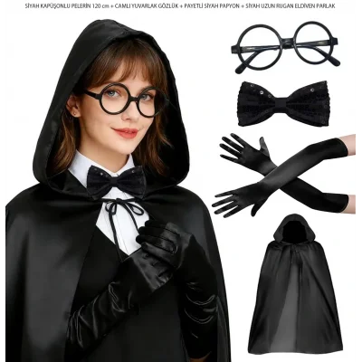 BUĞZ Siyah Kapüşonlu Büyücü ve Cadı Pelerin Kostüm Seti (4 Parça)