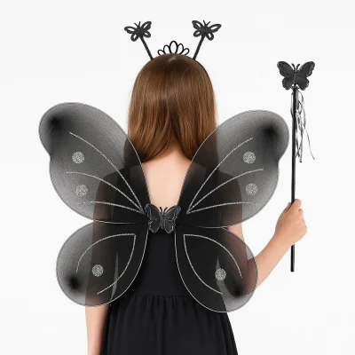 BUĞZ Siyah Kelebek Kız Seti – 50 Cm Kelebek Kanadı, Taç Ve Asa