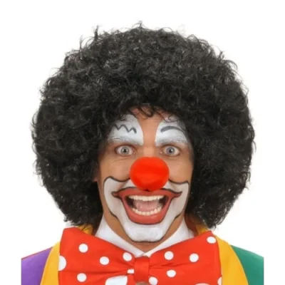  Siyah Kıvırcık Afro Peruk ve Kırmızı Sünger Burun Seti