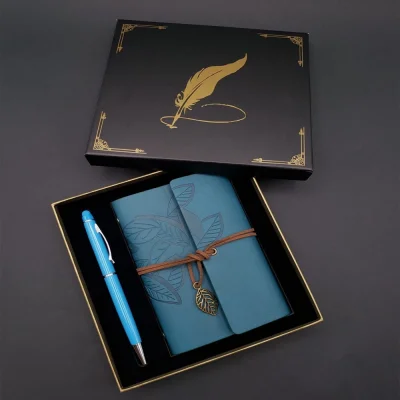 Siyah Kutulu Yaprak Desenli Mavi Deri Defter Ve Kalem Seti