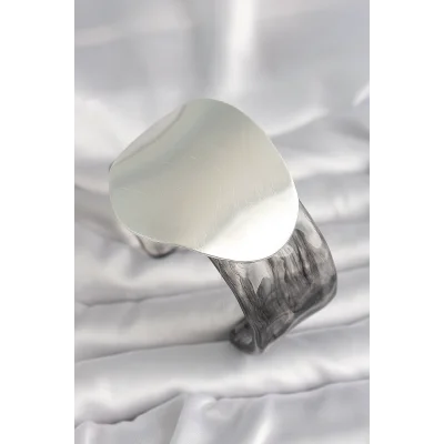 BUĞZ Siyah Mermer Desen Akrilik Pilastik Gümüş Plaka Model Vintage Kadın Bilezik