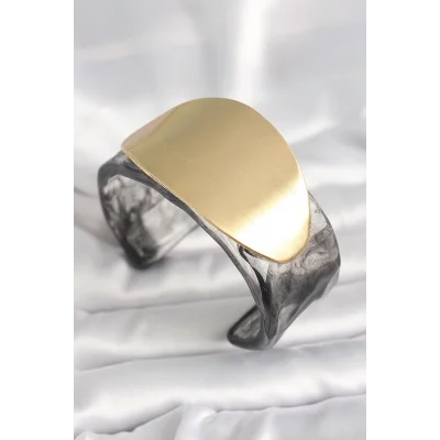 BUĞZ Siyah Mermer Desen Akrilik Plastik Gold Oval Plaka Model Vintage Kadın Bilezik
