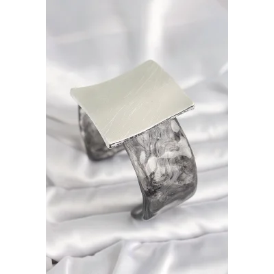 BUĞZ Siyah Mermer Desen Akrilik Plastik Gümüş Kare Plaka Model Vintage Kadın Bilezik