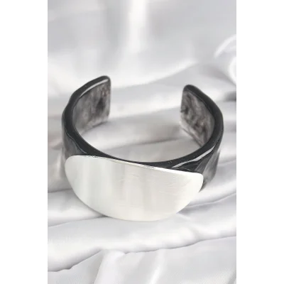 BUĞZ Siyah Mermer Desen Akrilik Plastik Gümüş Oval Plaka Model Vintage Kadın Bilezik - Lisinya