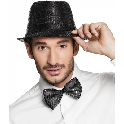 BUĞZ Siyah Payetli Şapka ve Papyon Seti – Parıltılı Yetişkin Kostüm Seti