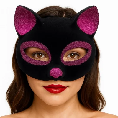  Siyah Renk Fuşya Simli Süet Kaplama Kedi Maskesi 18x14 cm