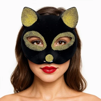  Siyah Renk Gold Simli Süet Kaplama Kedi Maskesi 18x14 cm