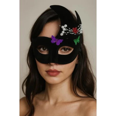  Siyah Renk İncili Taşlı Süet Kaplama Venedik Parti Maskesi 20x22 cm