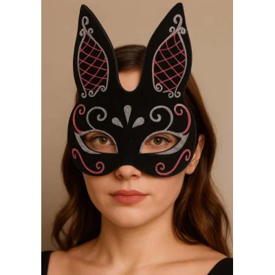  Siyah Renk Kırmızı Beyaz Simli Siyah Süet Kaplama Tavşan Maskesi 18x16 cm