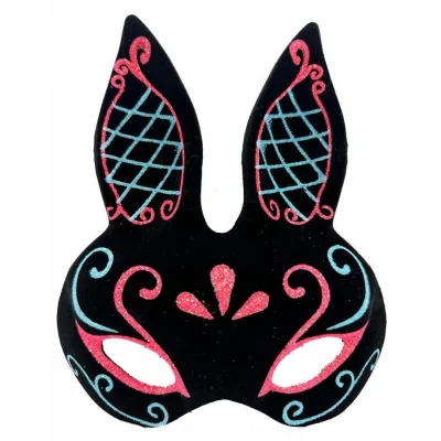 BUĞZ Siyah Renk Mavi Kırmızı Simli Siyah Süet Kaplama Tavşan Maskesi 18x16 cm