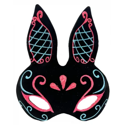  Siyah Renk Mavi Kırmızı Simli Siyah Süet Kaplama Tavşan Maskesi 18x16 cm