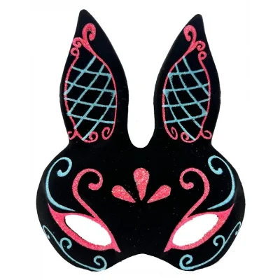 BUĞZ Siyah Renk Mavi Kırmızı Simli Siyah Süet Kaplama Tavşan Maskesi 18x16 Cm