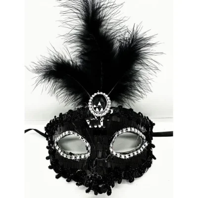 BUĞZ Siyah Renk Payetli Pullu Tüylü Parti Maskesi