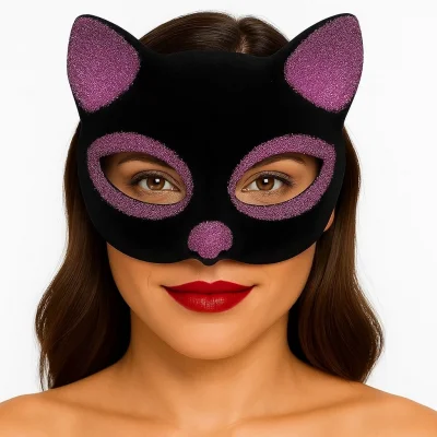  Siyah Renk Pembe Simli Süet Kaplama Kedi Maskesi 18x14 cm