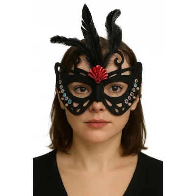 BUĞZ Siyah Renk Siyah Süet Kaplama Tüylü Kelebek Figür Parti Maskesi 24x18 cm