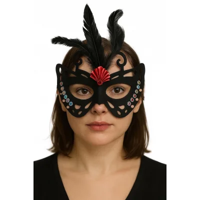  Siyah Renk Siyah Süet Kaplama Tüylü Kelebek Figür Parti Maskesi 24x18 cm