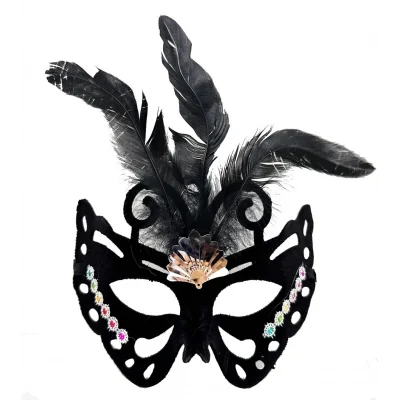 BUĞZ Siyah Renk Siyah Süet Kaplama Tüylü Kelebek Figür Parti Maskesi 24x18 Cm
