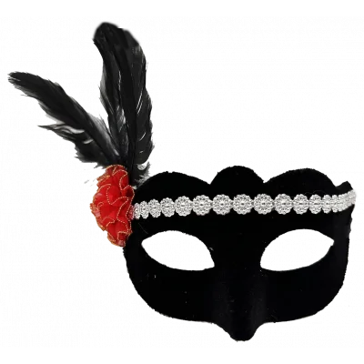 BUĞZ Siyah Renk Süet Kaplama Gümüş Dantelli Kırmızı Gül Tasarımlı Parti Maskesi 18x20 Cm