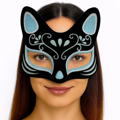 BUĞZ Siyah Renk Süet Kaplama Üzeri Gümüş Mavi Simli Kedi Maskesi 17x14 cm