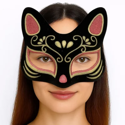  Siyah Renk Süet Kaplama Üzeri Kırmızı Sarı Simli Kedi Maskesi 17x14 cm