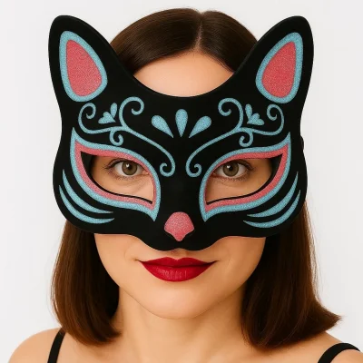  Siyah Renk Süet Kaplama Üzeri Mavi Kırmızı Simli Kedi Maskesi 17x14 cm