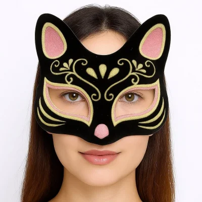 BUĞZ Siyah Renk Süet Kaplama Üzeri Pembe Sarı Simli Kedi Maskesi 17x14 cm