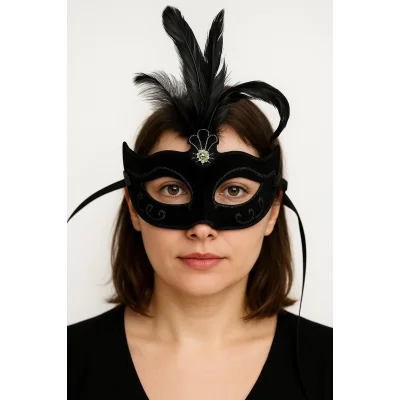 BUĞZ Siyah Renk Tüylü Siyah Süet Kaplama Parti Balo Maskesi 20X16 cm