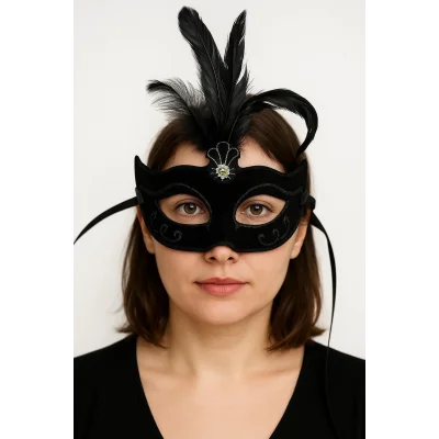  Siyah Renk Tüylü Siyah Süet Kaplama Parti Balo Maskesi 20X16 cm