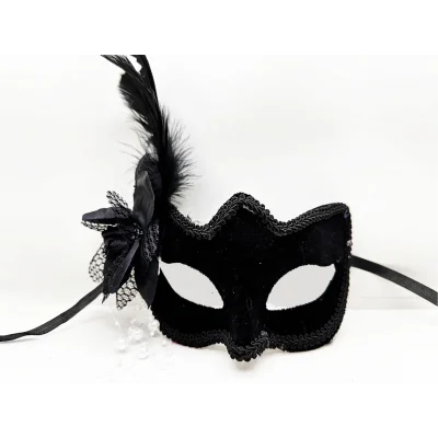 BUĞZ Siyah Renk Yandan Tüylü Beyaz İncili Süet Kaplama A Kalite Lüks Parti Maskesi 20x23 Cm