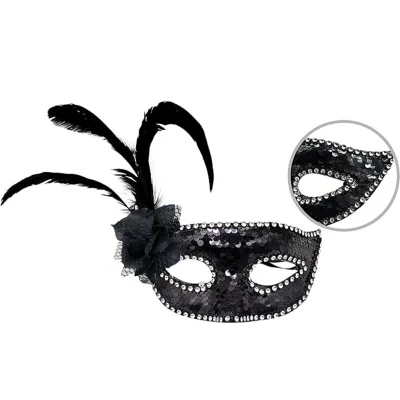 BUĞZ Siyah Renk Yandan Tüylü Güllü Gümüş Taşlı Pullu Maske 20x22 Cm