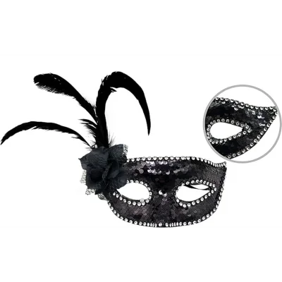  Siyah Renk Yandan Tüylü Güllü Gümüş Taşlı Pullu Maske 20x22 cm