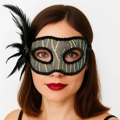 BUĞZ Siyah Renk Yandan Tüylü Pul Payet İşlemeli Parti Maskesi 23x12 cm