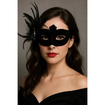  Siyah Renk Yandan Tüylü Süet Kaplama Beyaz İncili Parti Maskesi 18X15 cm