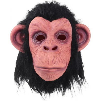 BUĞZ Siyah Saçlı Kafaya Tam Geçmeli Lateks Şempanze Maskesi - Lateks Maymun Orangutan Goril Maske Et Maske