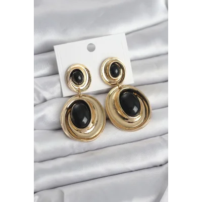 BUĞZ Siyah Sallantılı Damla Model Gold Renk Vintage Kadın Küpe
