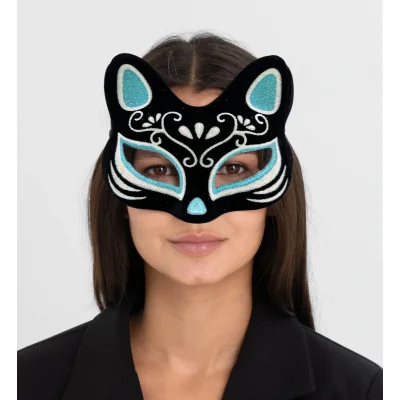 BUĞZ Siyah Süet Gümüş Mavi Simli Kedi Maskesi