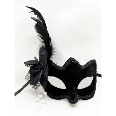 BUĞZ Siyah Süet Yandan Tüylü İncili Parti Maskesi