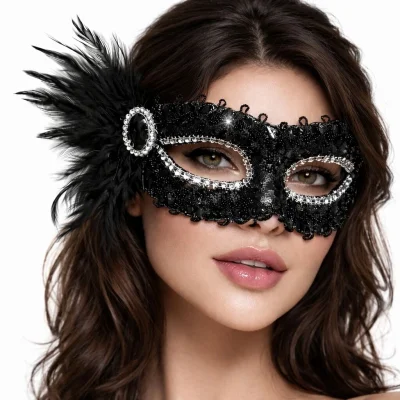 BUĞZ Siyah Taşlı Venedik Parti Maskesi – Tüylü Payetli