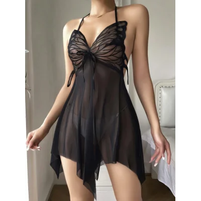 BUĞZ Siyah Transparan Kelebek Detaylı Tül Fantezi Gecelik 2243