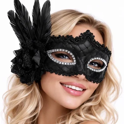 BUĞZ Siyah Tüylü Venedik Lüks Balo Maskesi