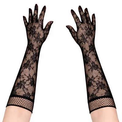 BUĞZ Siyah Uzun Gül Desenli Dantel Kadın Eldiveni